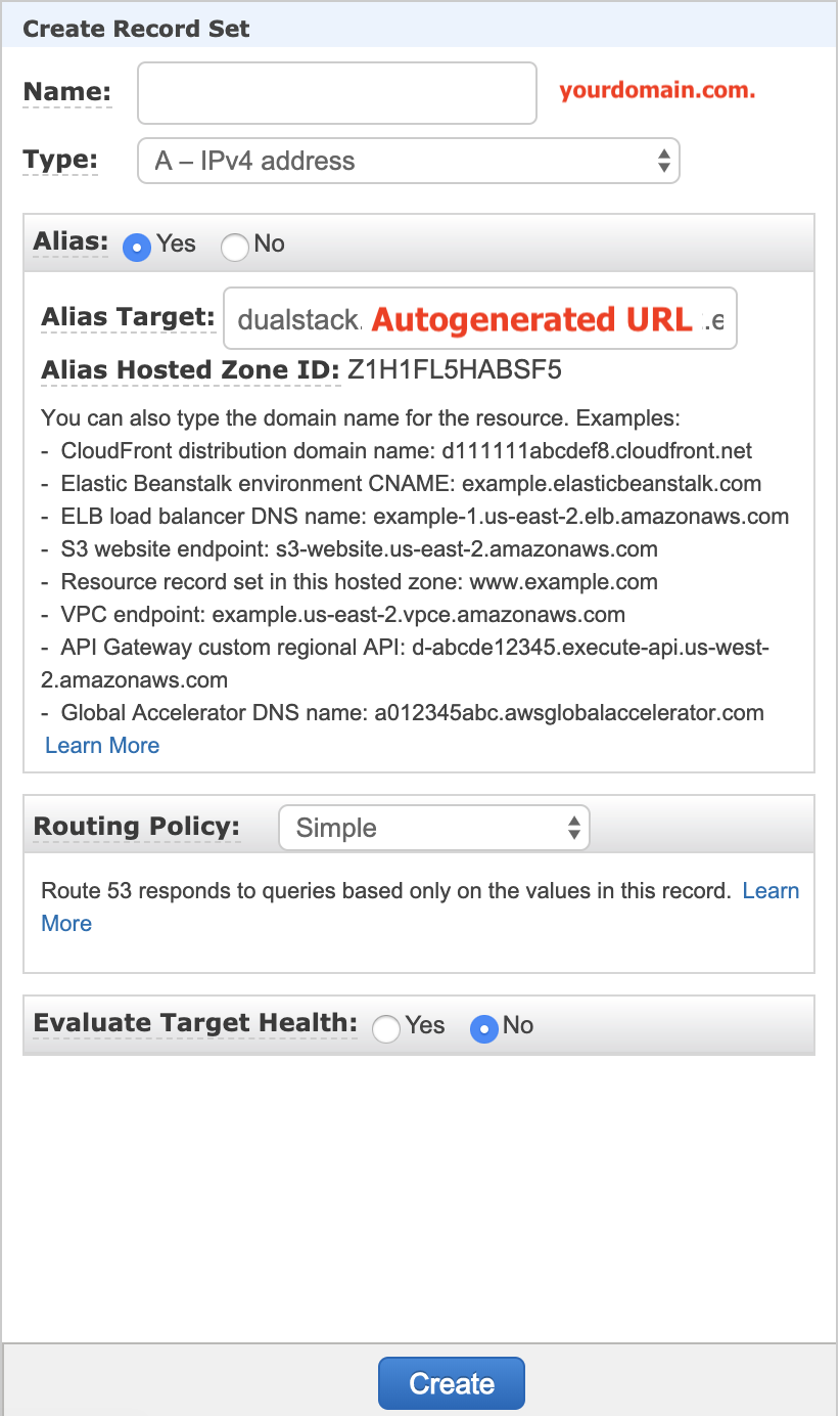 The image shows the "Create record set" screen from Amazon Route53. The Type field is set to "A- IPv4 address." Alias is set to "Yes." Routing Policy is set to "Simple." Evaluate Target Health is set to "No." 