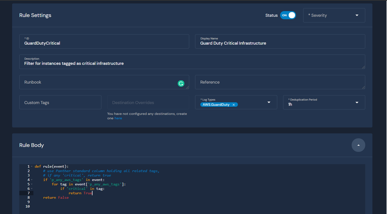 An example rule in Panther that triggers when any GuardDuty alert is on a resource tagged as critical