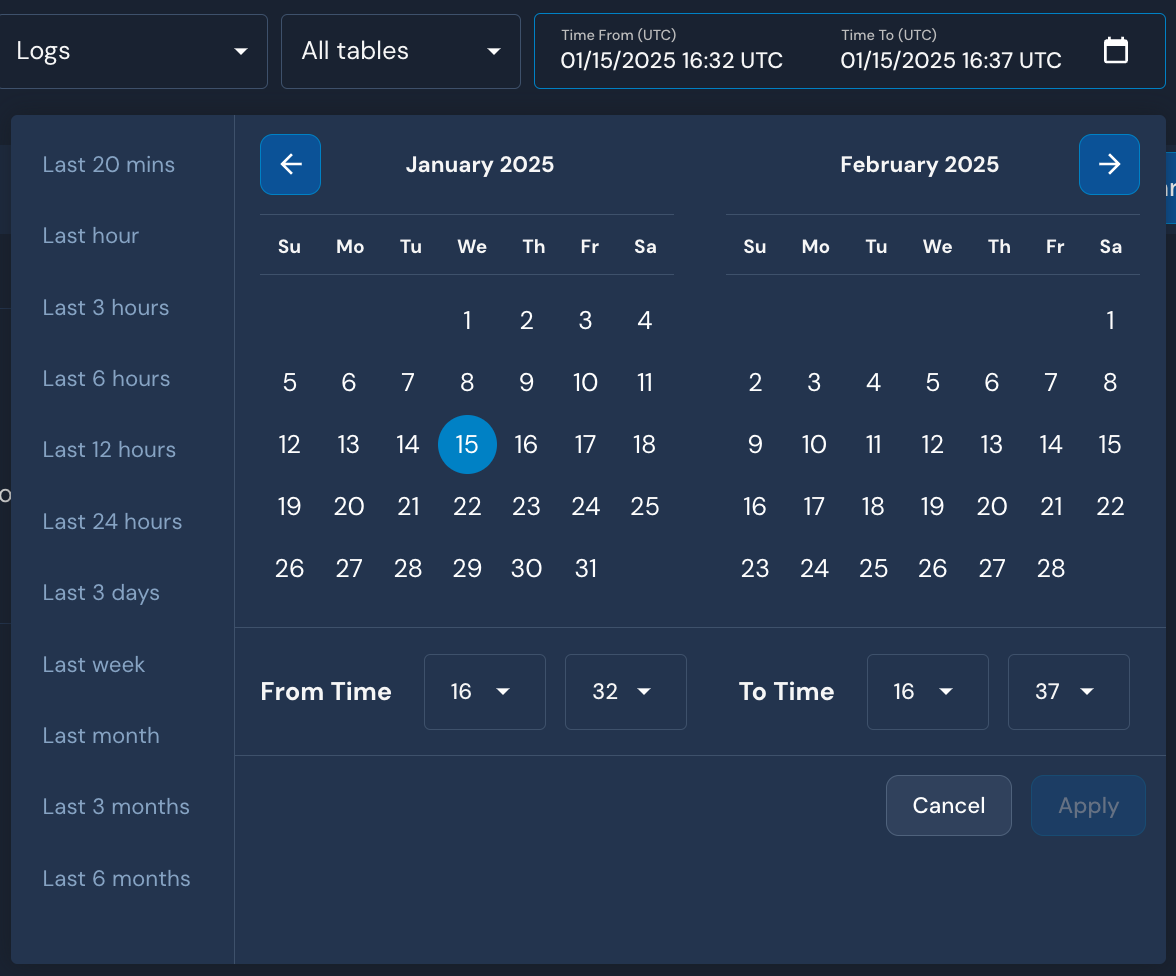 A date and time picker is shown. On the left-hand side there are preset relative values, like "Last hour," "Last 3 days," etc. On the right-hand side is a calendar picker, as well as dropdown fields to select the time. At the bottom are "Cancel" and "Apply" buttons. 