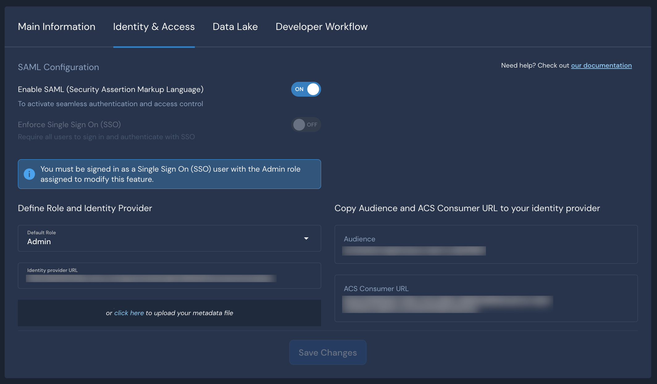 In the General settings page in the Panther Console, the Identity & Access tab is shown. Various fields are visible, such as Enable SAML, Enforce Single Sign On, Default Role, Identity provider URL, Audience and ACS Consumer URL.