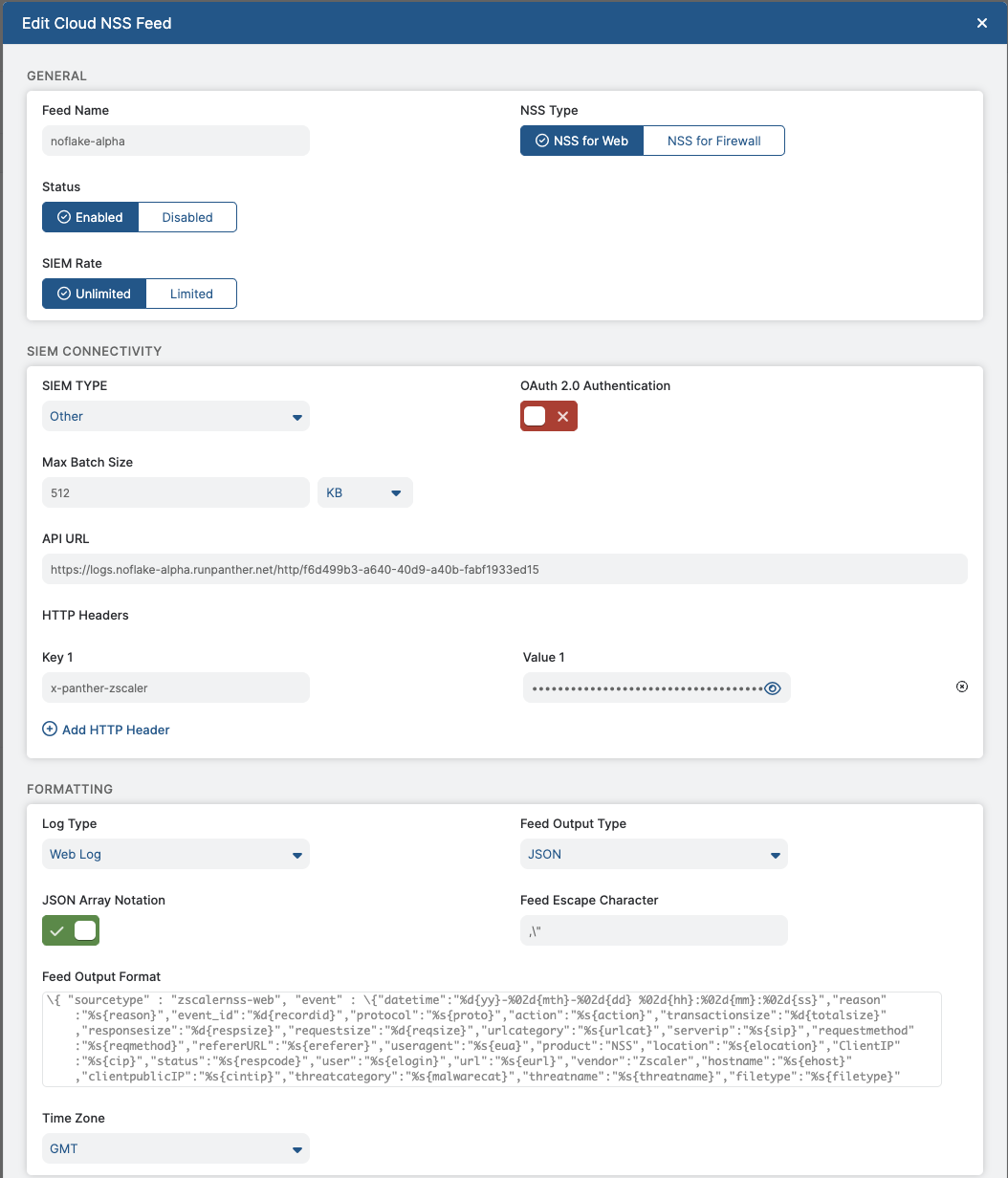 Under an "Add Cloud NSS Feed" header are various form fields, including Feed Name, SIEM Type, and HTTP Headers.