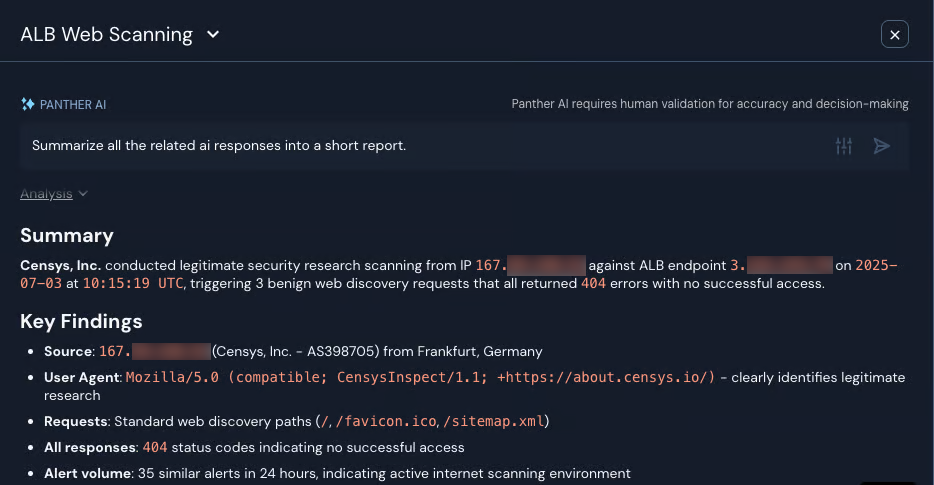 Under an "ALB Web Scanning" header is a Panther AI prompt bar and sections titled "Summary" and "Key Findings."