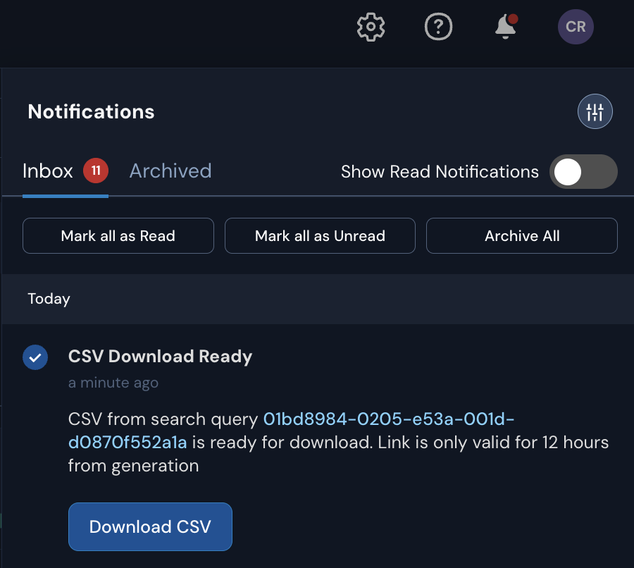 Under a "Notifications" header, there are "Inbox" and "Archived" tabs. Under a "Today sub-header is a notification titled "CSV Download Ready."