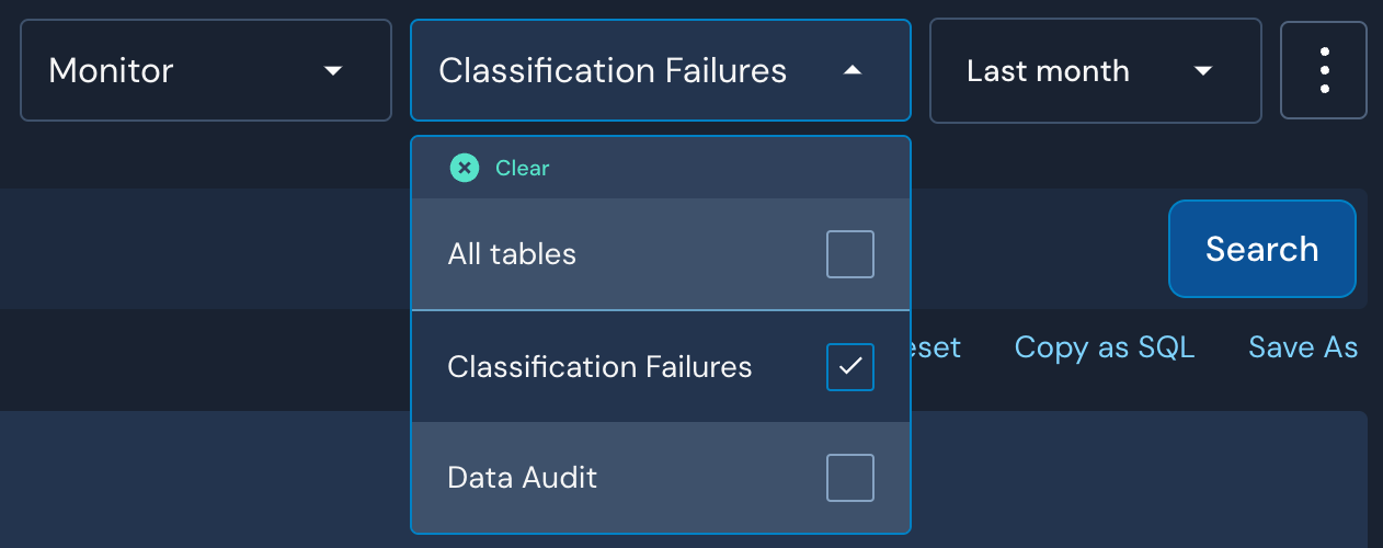 Three dropdowns are shown: in the first, "Monitor" is selected. the second one is open, and the checkbox next to "Classification Failures" is checked. In the third dropdown, "Last month" is selected.