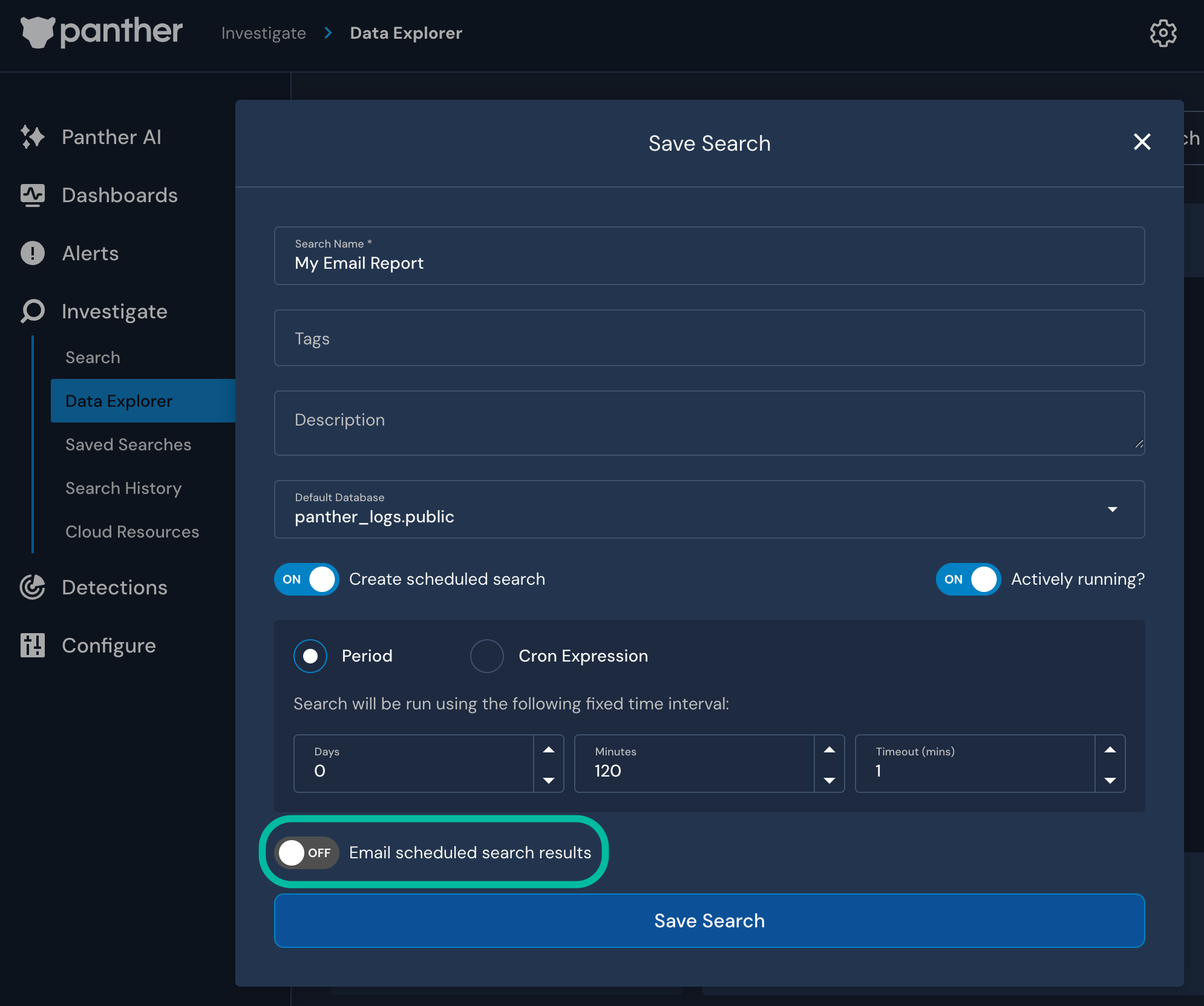 In a "Save Search" modal, various fields, such as "Tags" and "Description" are visible.  An "Email scheduled search results" toggle is circled.