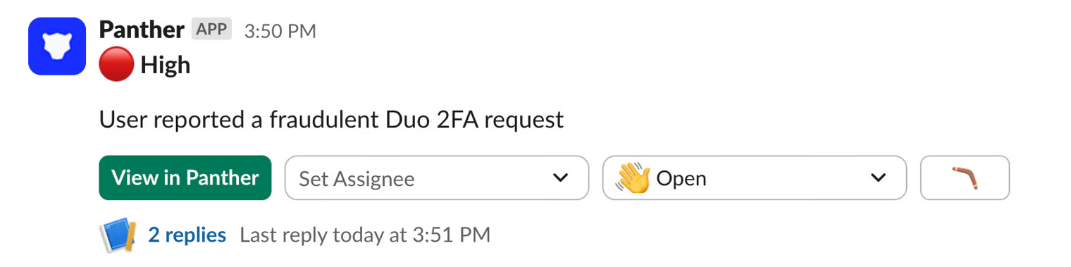 Under a "Panther" title is a red dot next to "High." Below is the text, "User reported a fraudulent Duo 2FA request," as well as buttons like "View in Panther" and a boomerang icon.