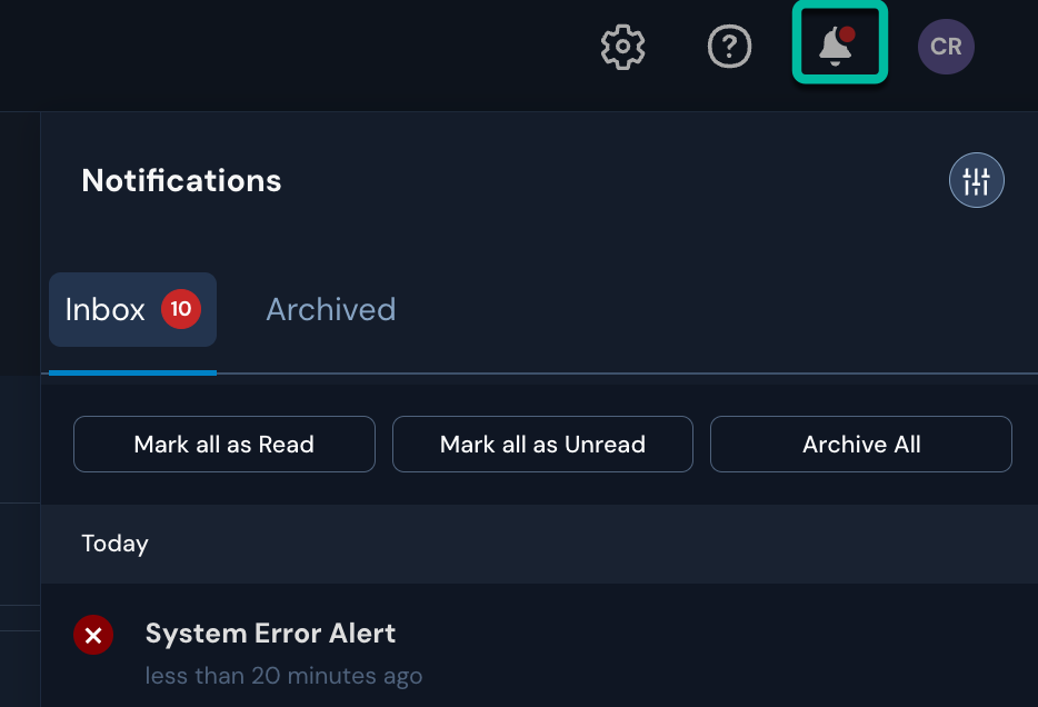 In the upper right corner, a bell icon is circled. Below it, a panel titled "Notifications" displays a notification called "System Error Alert"