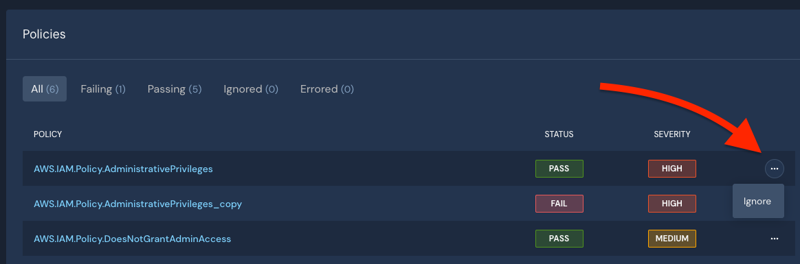 A "Policies" section shows three policies in a table. Each policy has a status, severity, and a three dots icon.