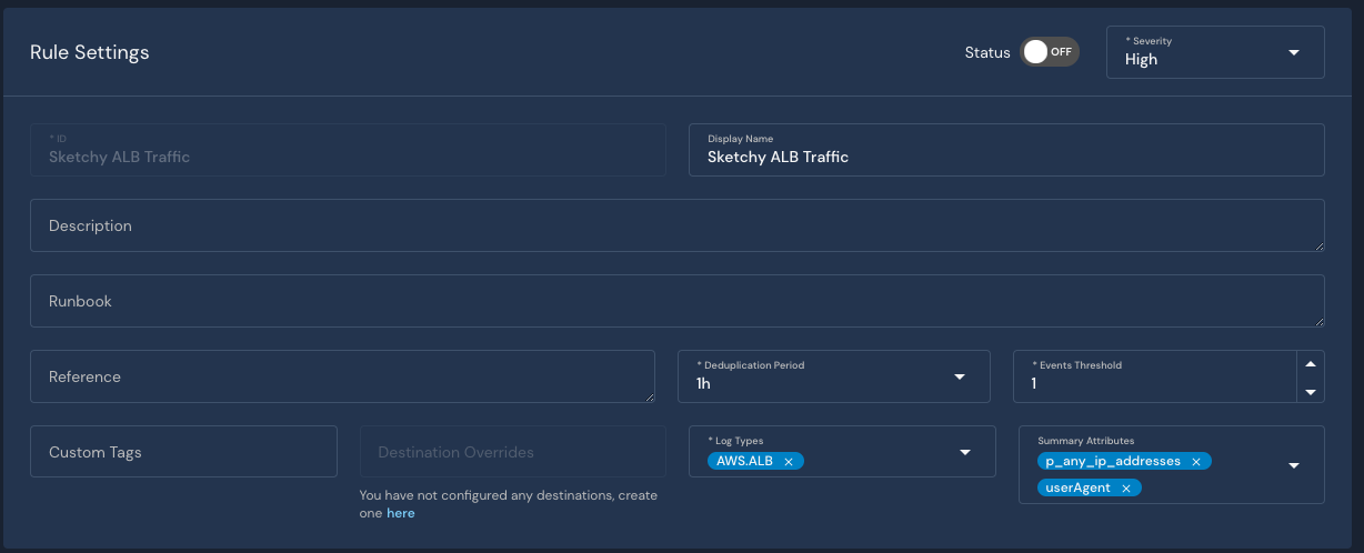The Panther Console's "Rule Settings" page for a rule is displayed. The ID field contains the text "Sketchy ALB Traffic." The Summary Attributes field contains "p_any_ip_addresses" and "userAgent".
