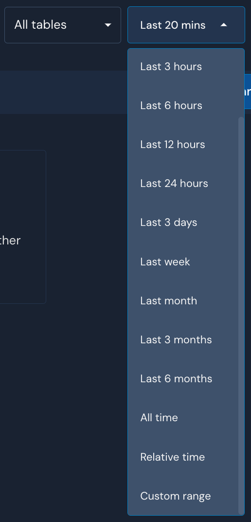 A dropdown field with the selection "Last 20 mins" is shown. It is expanded and multiple options are shown, including "Last 3 months" and "All time".