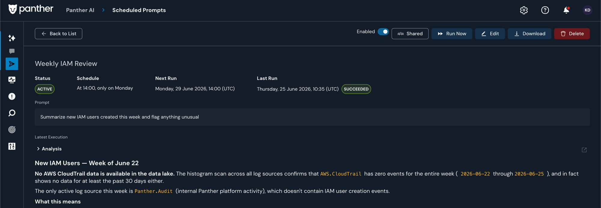 The scheduled prompt detail page, showing the Download button and other controls in the header (visible to users with Manage Scheduled Prompts).