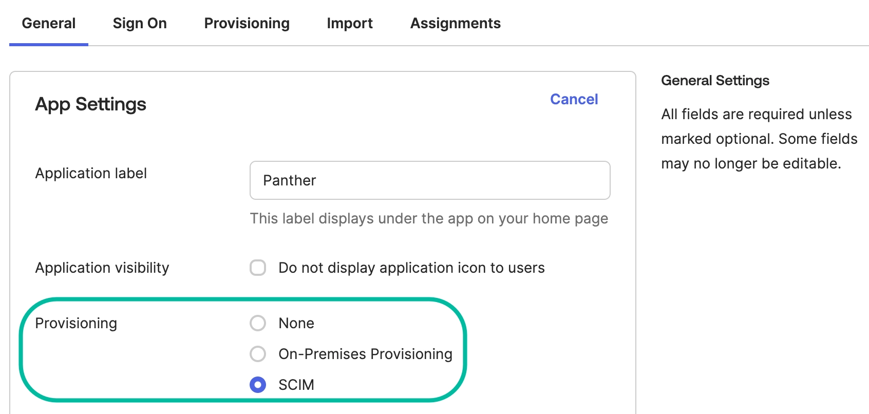 A "General" tab is selected. Under an "App Settings" header, a "Provisioning" field, with its three radio button options, is circled.