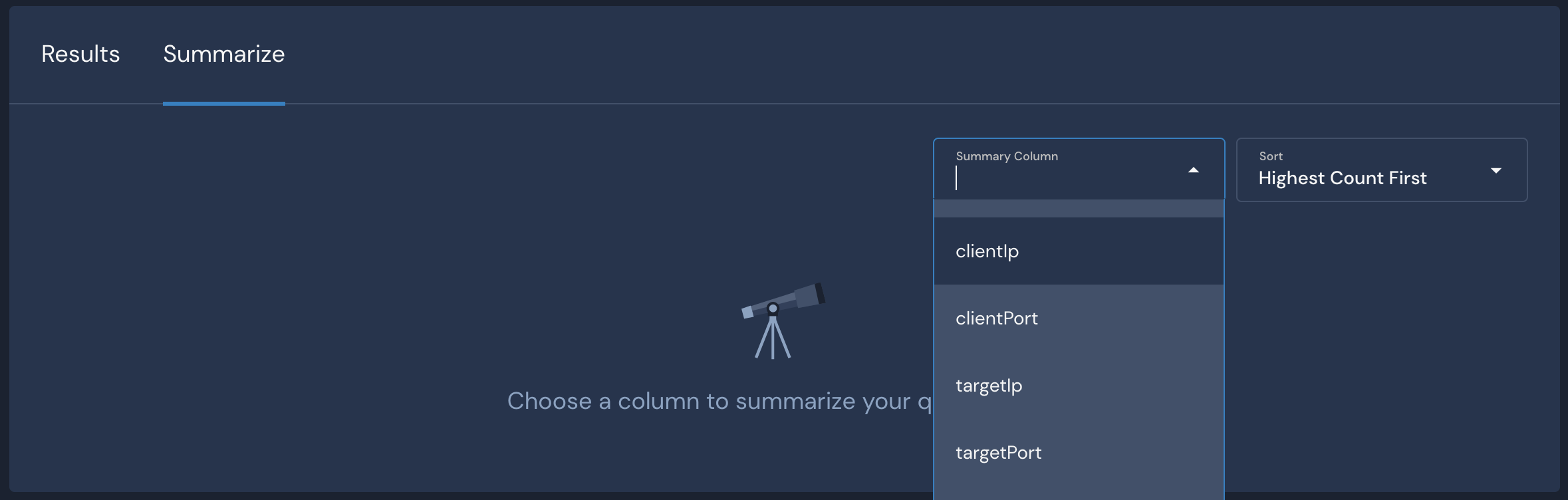 In the Summarize tab, the type-ahead dropdown allows selecting a column to summarize