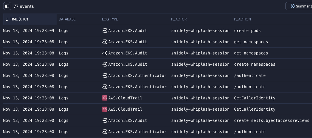 Under a "77 events" header is a table with various columns, including time, database, log type, and p_actor.