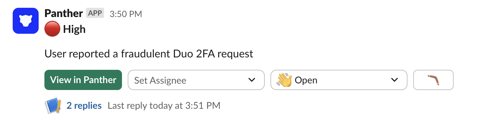 Under a "Panther" title is a red dot next to "High." Below is the text, "User reported a fraudulent Duo 2FA request," as well as buttons like "View in Panther" and a boomerang icon.