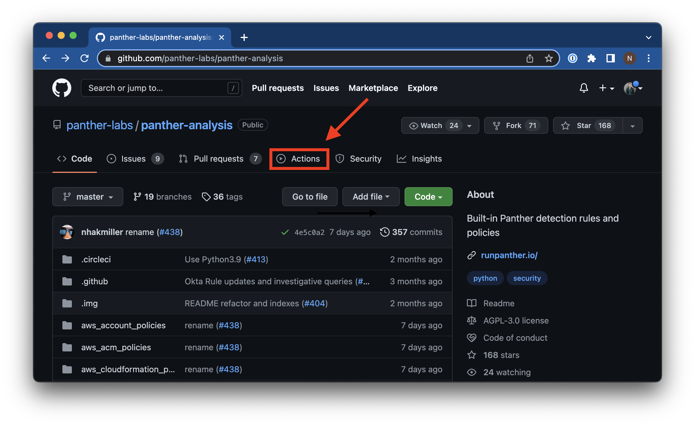 The image shows the panther-analysis repo on Github. There is a red circle around the "Actions" tab.