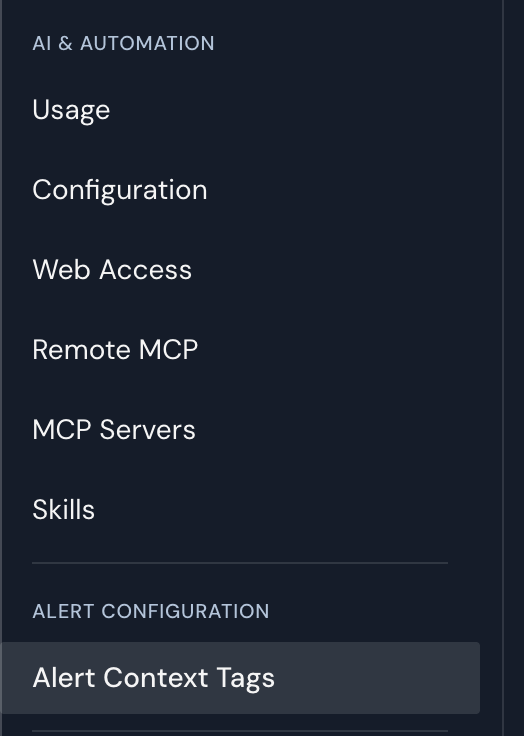 The Settings navigation menu, with the Alert Context Tags item highlighted under the Alert Configuration section.