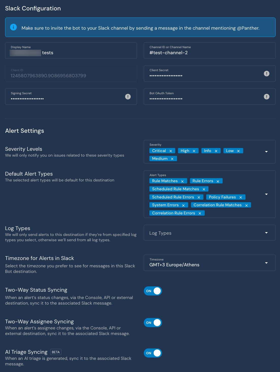 Under a "Slack Configuration" header, there are various form fields, including Client Secret, Severity Levels, and Two-Way Status Syncing.