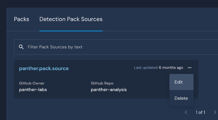 The dropdown menu on a Pack source is expanded, with options visible to Edit or Delete.