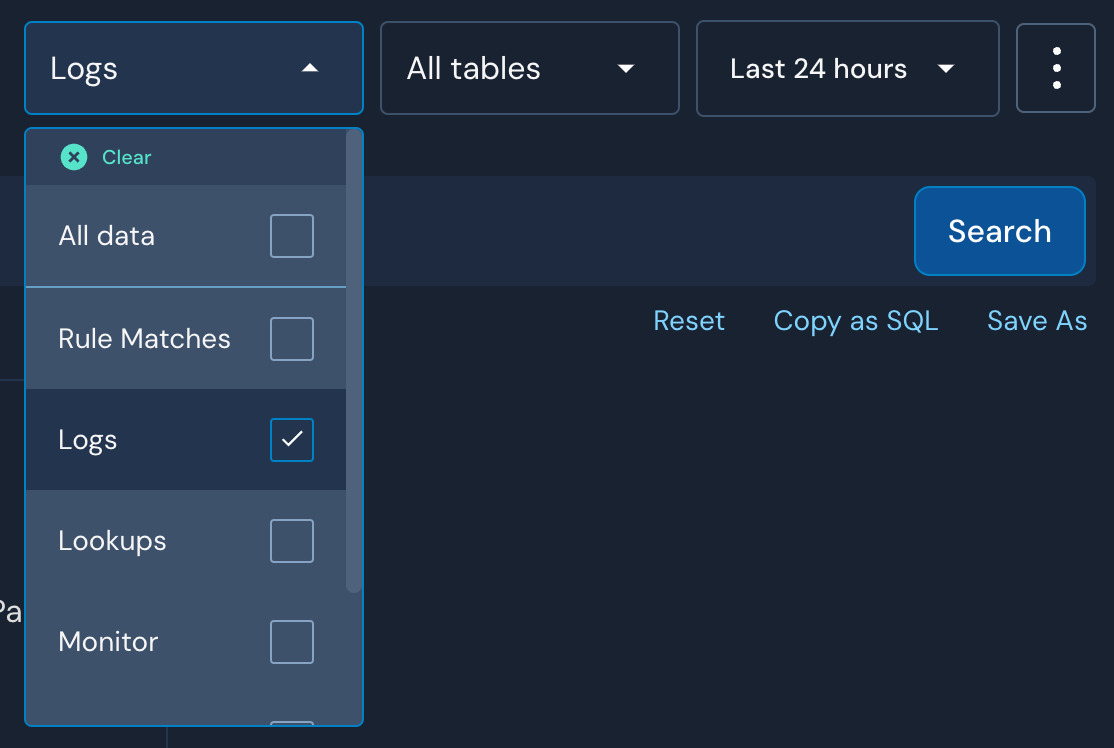 Three dropdown fields are shown. The first one is open, and the checkbox next to "Logs" is selected. The middle dropdown has a selection of "All tables" made, and the third has a selection of "Last 24 hours."