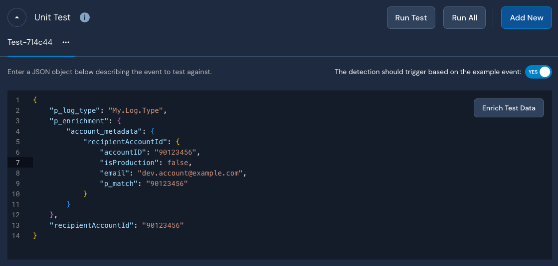 A "Unit Test" header is above a code block with JSON. The JSON includes various key/value pairs—for example, "p_log_type": "My.Log.Type"