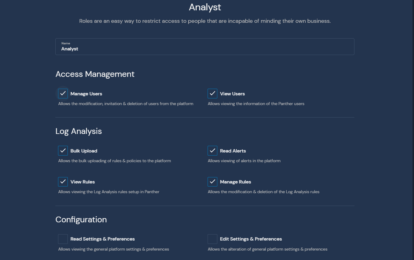 The role editor screen in the Panther Console displays a field to add a name, and options to customize permissions.