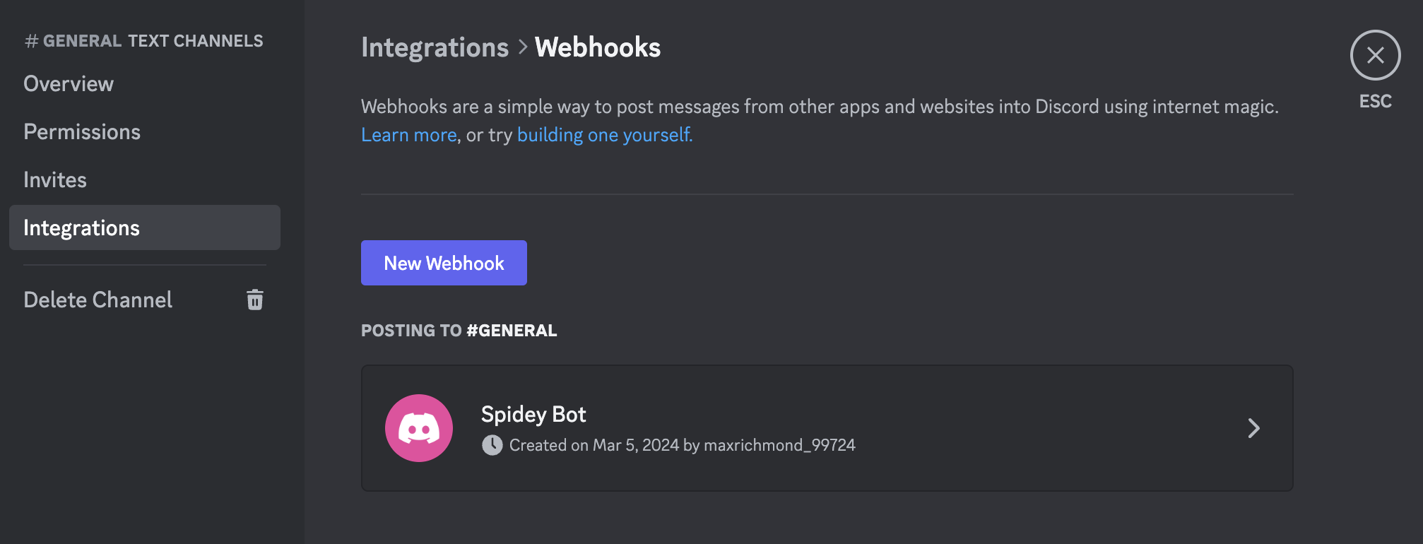In Discord under the "New Webhook" button, there is a webhook called "Spidey Bot."