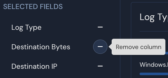 Under a "Selected Fields" header are three fields: "Log Type," "Destination Bytes," and "Destination IP." To their right is a minus sign, one has been hovered over; its tooltip reads "Remove column."