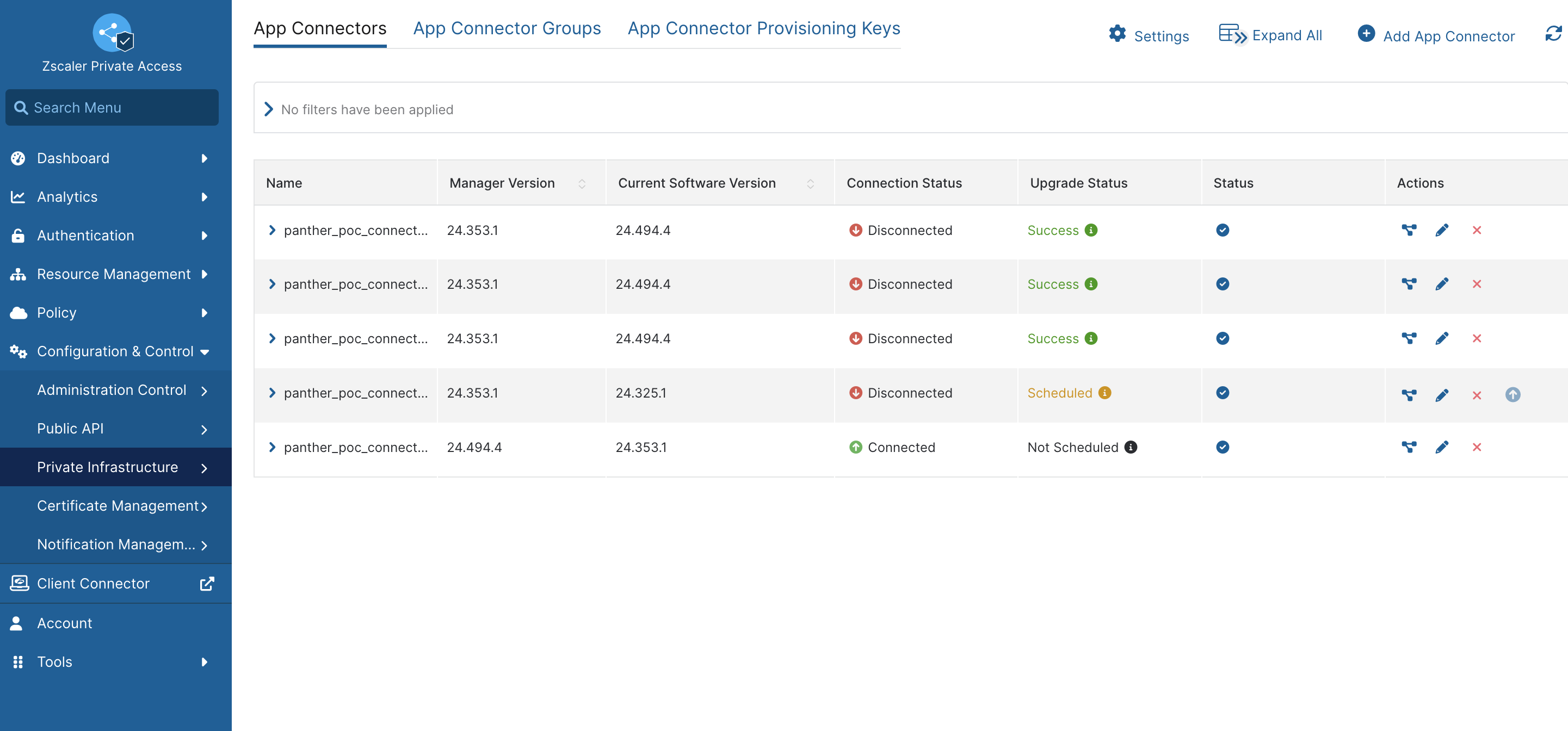 An "App Connectors" tab is shown. A table with various columns is visible, e.g., Name, Manager Version, Current Software Version.