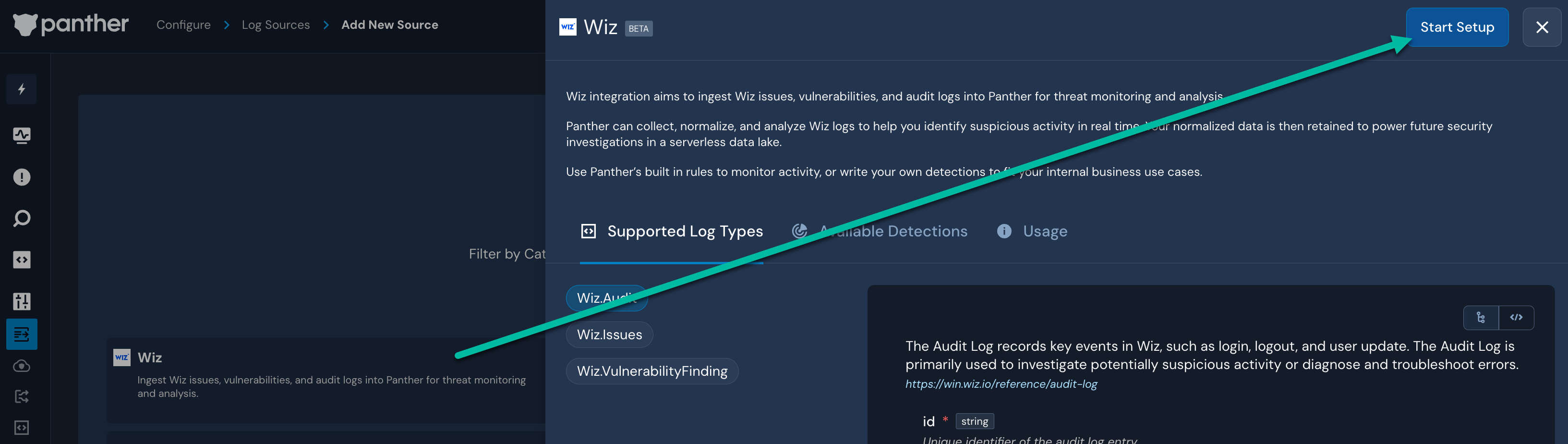 A page in the Panther console with the trail Configure > Log Sources > Add New Source is shown, with a slide-out panel expanded with the title Wiz. An arrow is drawn to a "Start Setup" button.
