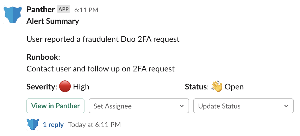 A Slack Bot alert is shown, with an Alert Summary, Runbook, Severity, Status, and buttons to "View in Panther," "Set Assignee" and "Update Status"