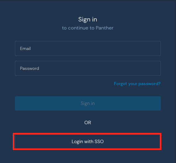 The Panther login page displays a "Login with SSO" button at the bottom.