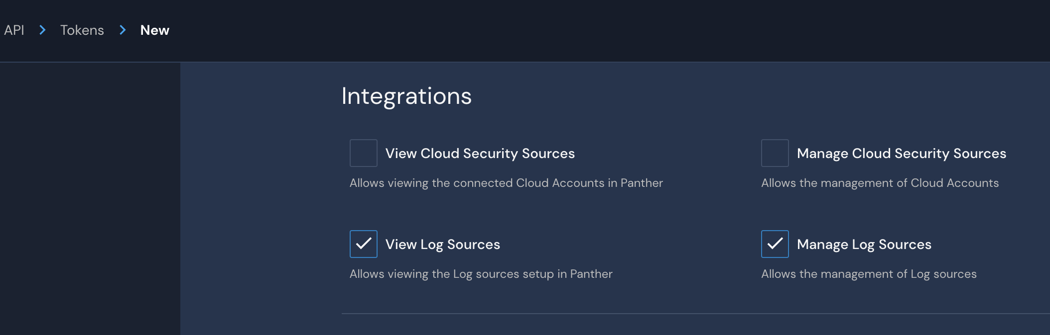 An "Integrations" header is above four checkboxes: View Cloud Security Sources, Manage Cloud Security Sources, View Log Sources, and Manage Log Sources.