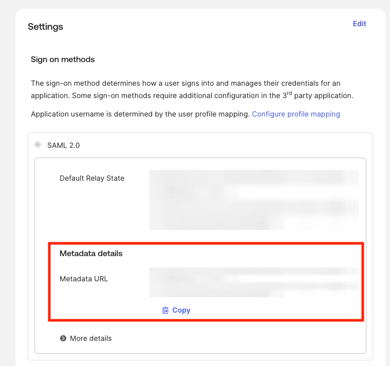 Settings page for an Okta application with a red box around "Metadata details"