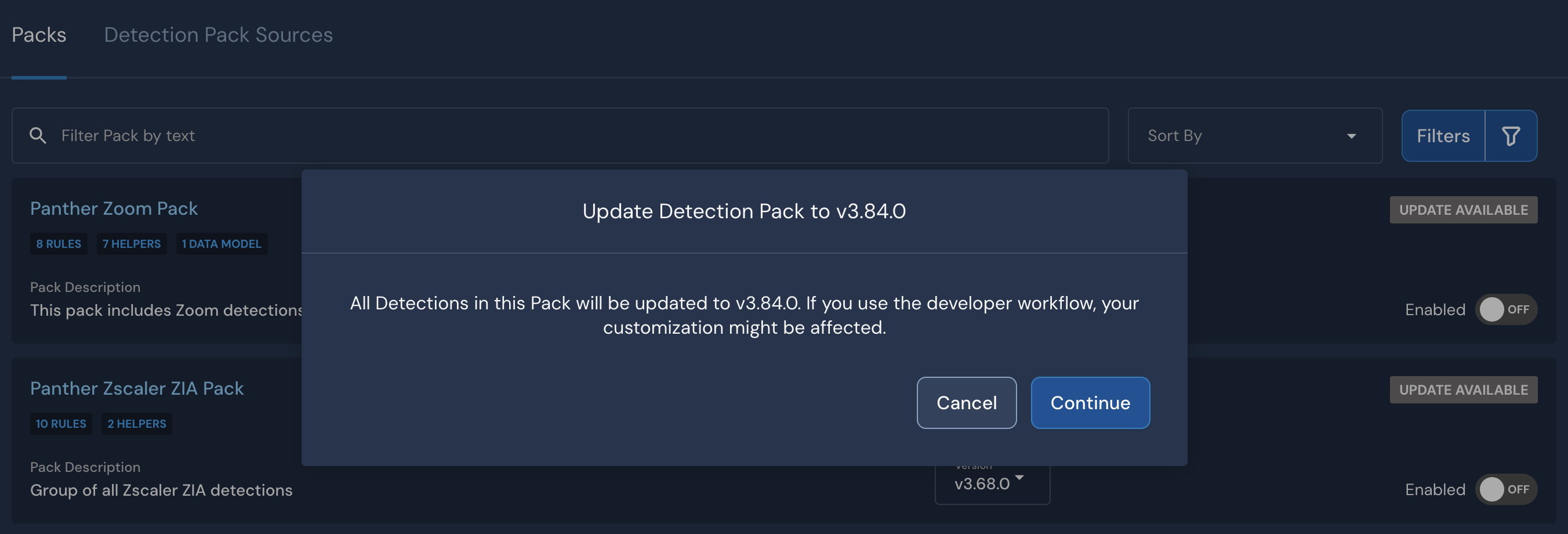 On a modal titled, "Update Detection Pack to v3.84.0" there are two buttons: Cancel and Continue.