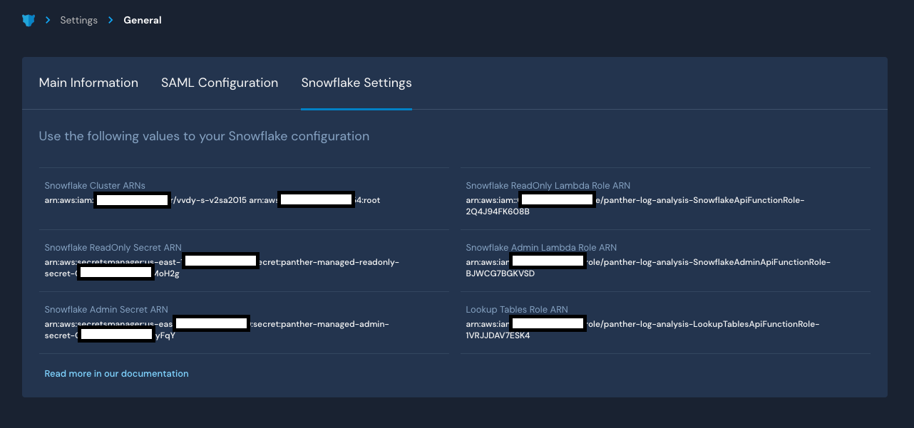 In the Panther Console, the General Settings page is open. The Snowflake Settings tab is selected. The screen shows a list of Snowflake configuration ARNs.