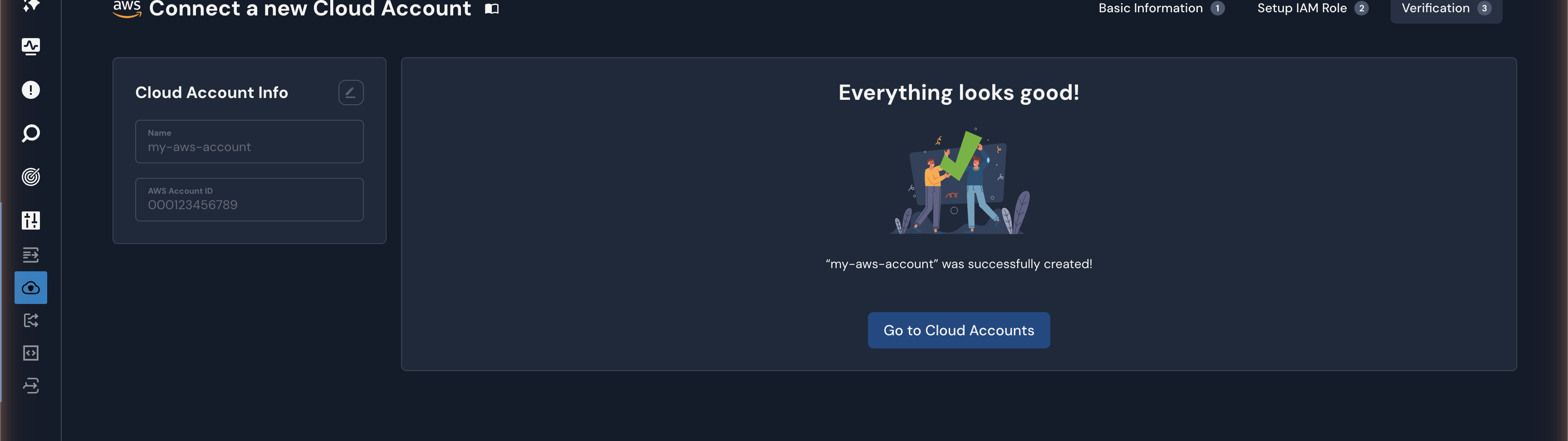 The Verification step displays a message that says "Everything looks good!" confirming the cloud account setup is complete. At the bottom, there is a blue "Go to Cloud Accounts" button.