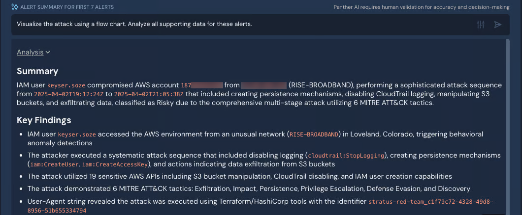 A prompt bar is shown above a block of text output containing Summary and Key Finding sections.