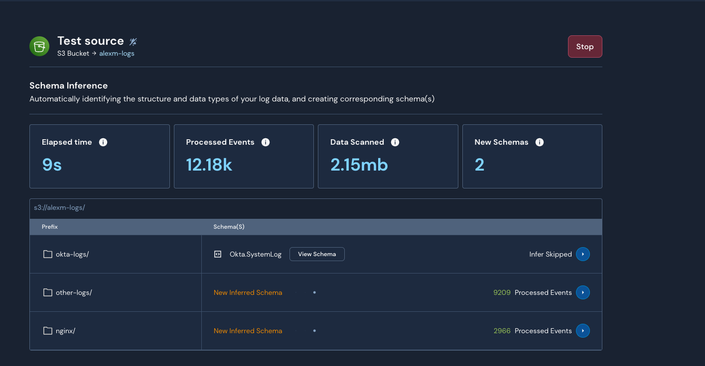 The source page in Panther shows the schema inference details, including an infer skipped and the number of events processed.