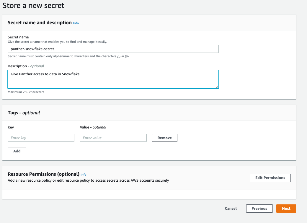 On the "Store a new secret" page in AWS, the secret name and description fields are filled out.