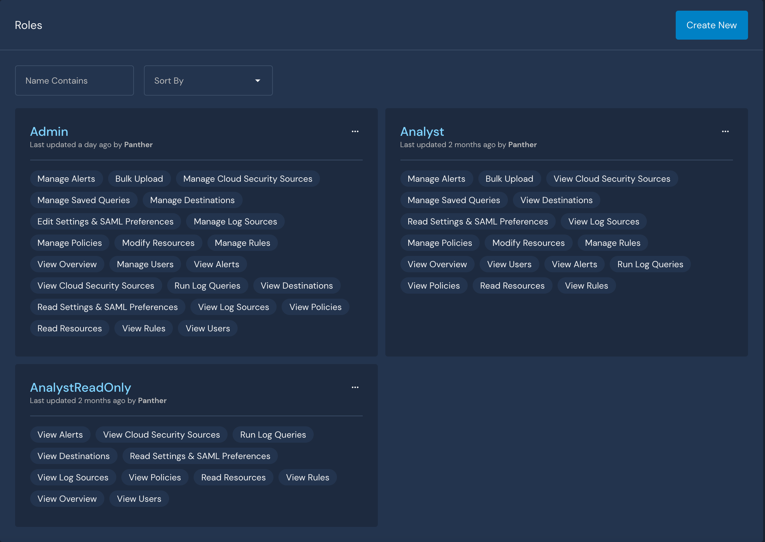 The default roles screen in the Panther Console shows three roles: Admin, Analyst, and AnalystReadOnly.