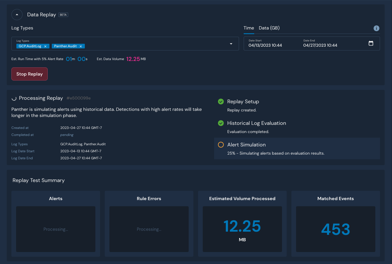 The Panther Console displays a message that says the Replay is processing.