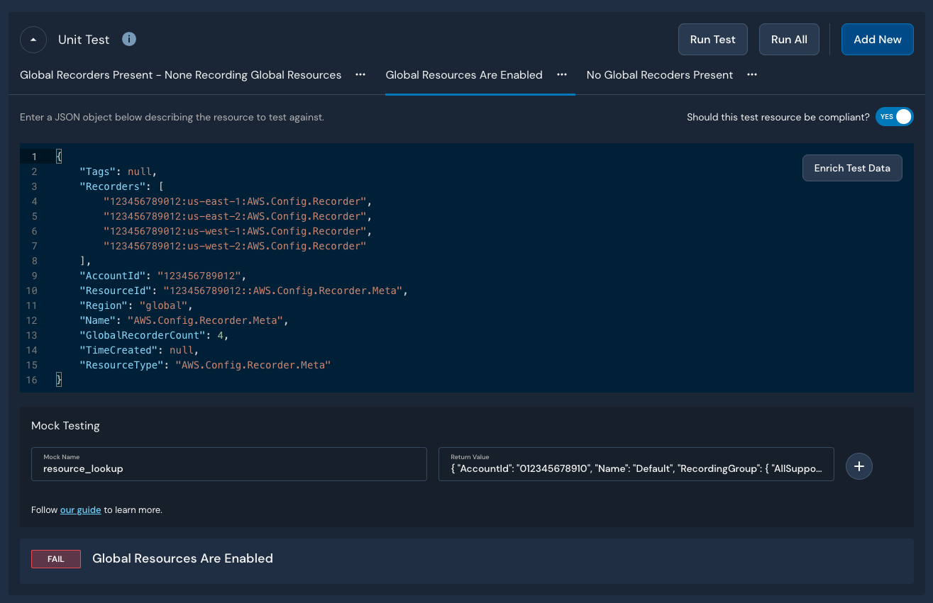 A Unit Test within a Detection's details page is shown. The Mock Name field contains "resource_lookup" and the Return Value contains the value from the "Return Value Used" section in the documentation above this image.