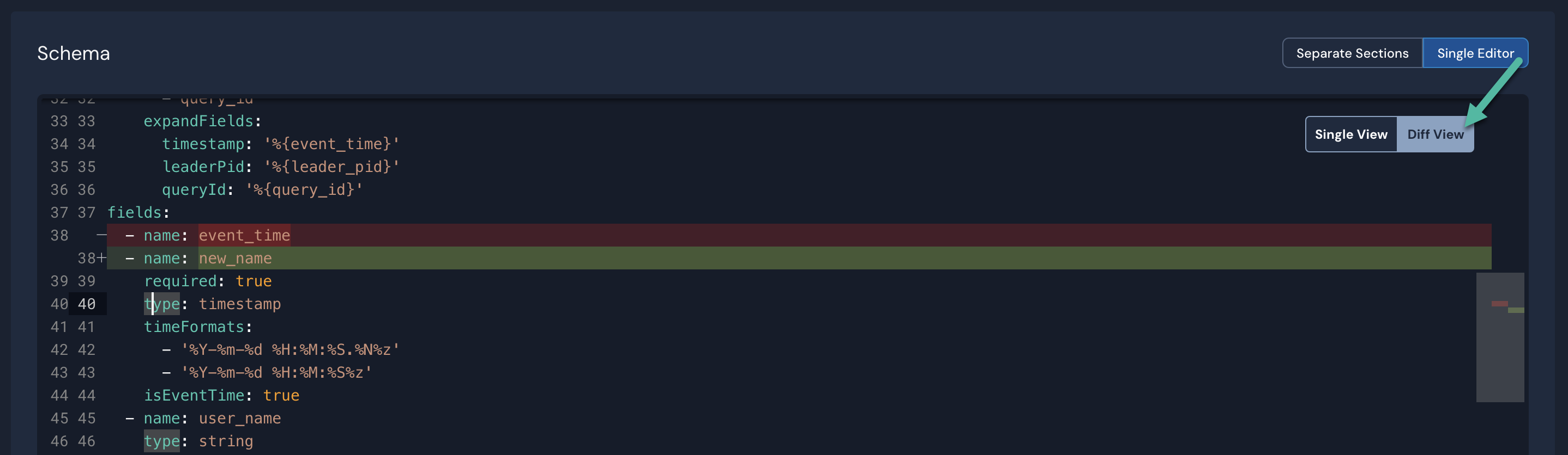 The Schema editor is shown, and the "Single Editor" and "Diff View" buttons are shown. One field has been changed, from event_time to new_name.