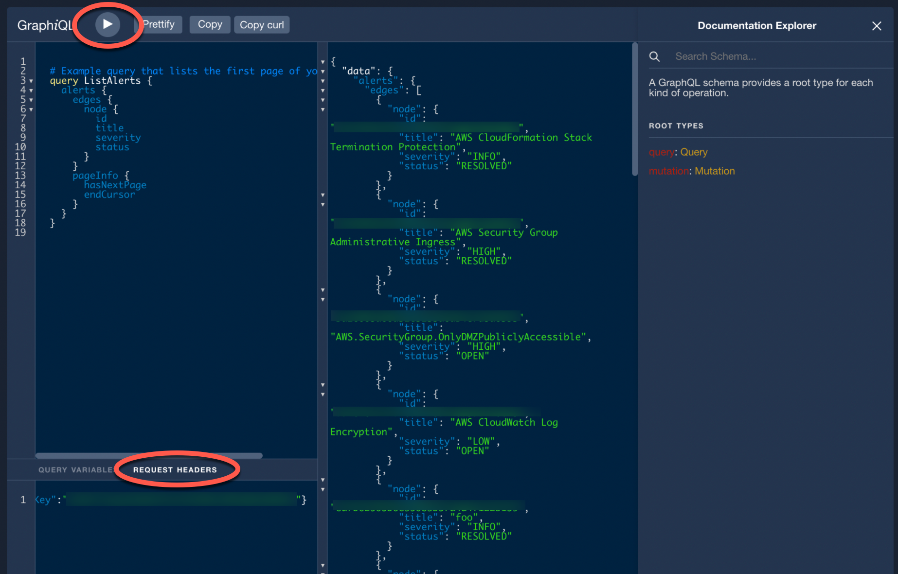 The image shows the API Playground from the Panther Console. At the top, a play icon button is circled. On the left, a code box contains an example query. Beneath that, the header "Request Header" is circled. On the right, there is a section labeled "Documentation Explorer".