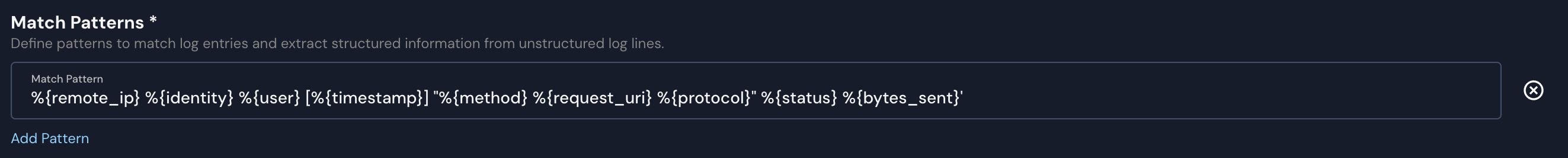 A "Match Patterns" field is shown. Its description is, "Define patterns to match log entries and extract structured information from unstructured log lines."