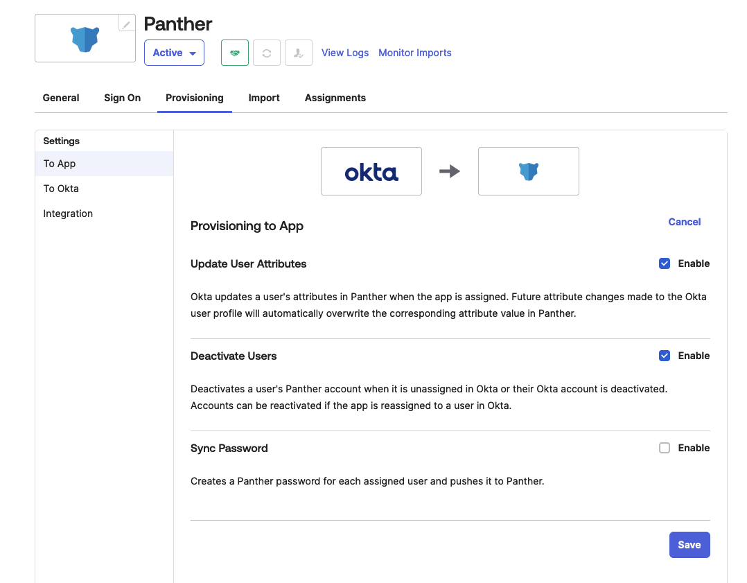 In Okta, the settings up "Update User Attributes" and "Deactivate Users" are enabled.