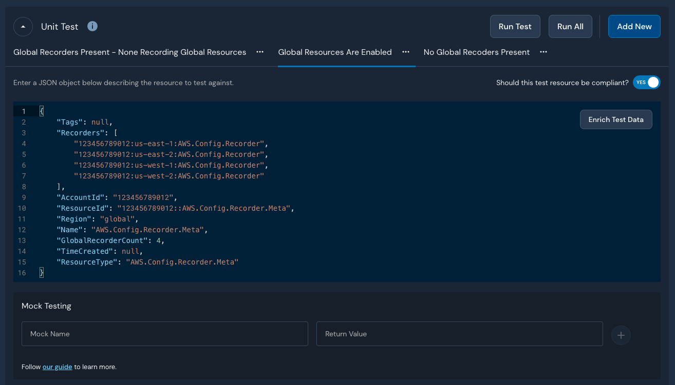 In the Panther Console, the Unit Test section of a detection page is shown. Below the test event, there is a Mock Testing section. It contains fields for Mock Name and Return Value.