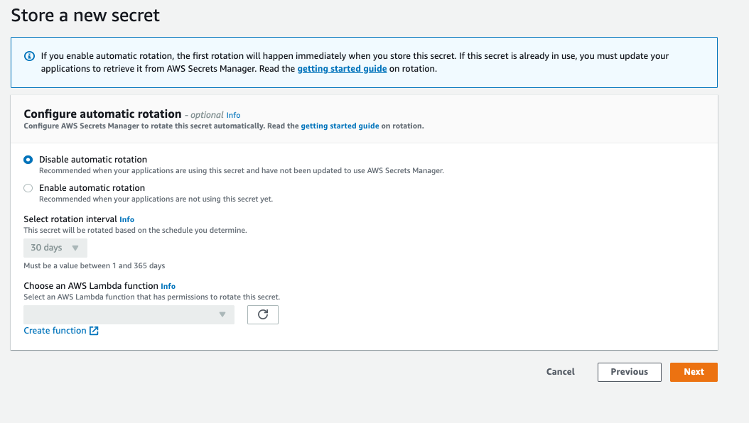 The image shows the AWS Console during the process of storing a new secret. Under "Configure automatic rotation," the options available are "Disable automatic rotation" and "Enable automatic rotation."