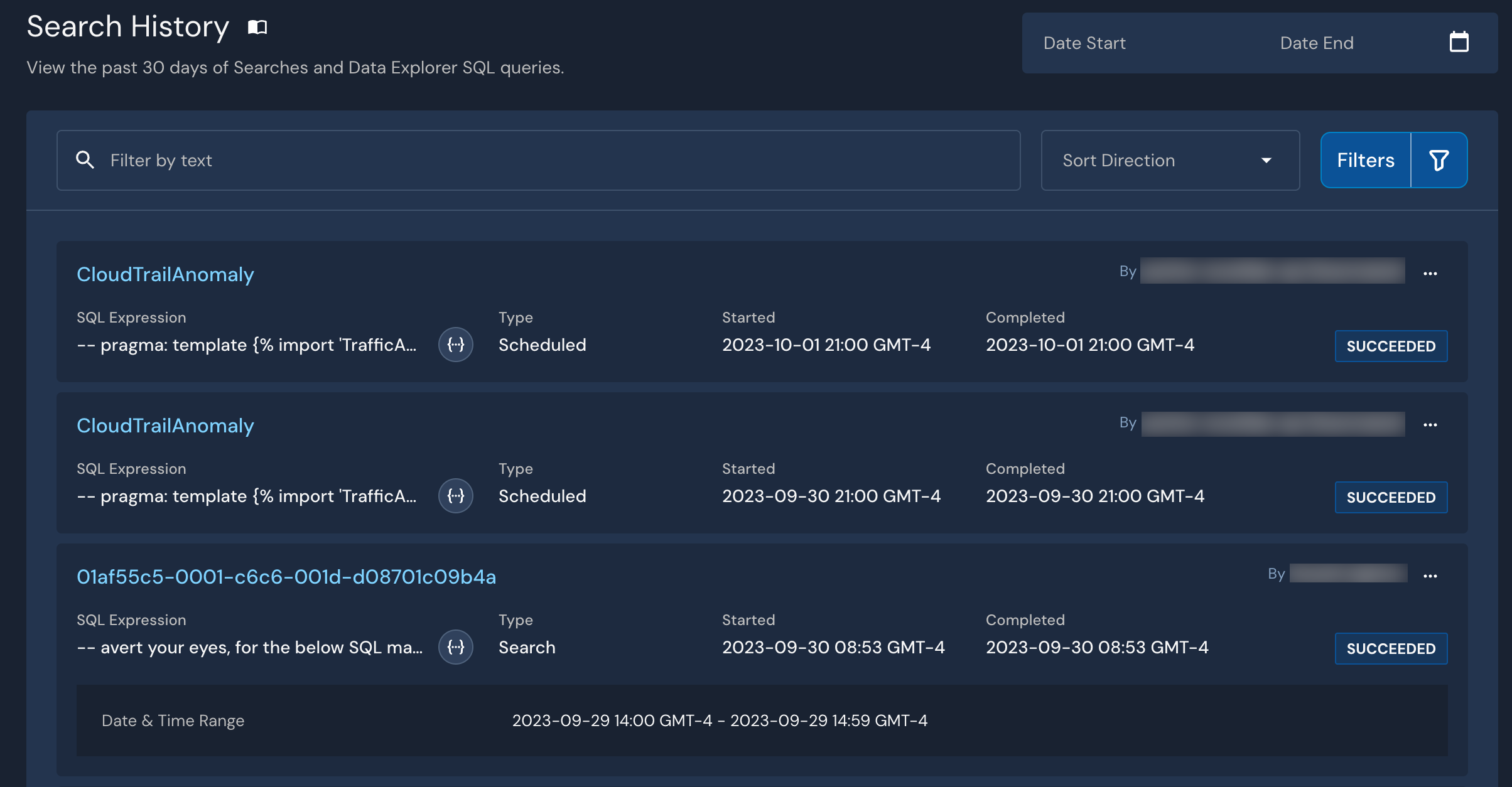 The Search History displays details about searches that have run in your Panther Console.